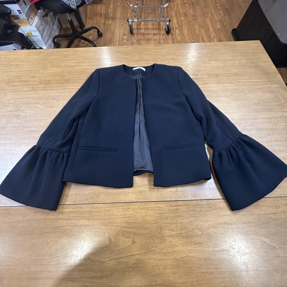 Mango Blazer Jacket Womens XS Blue Crepe Bell Sleeve Open Front Tailored Suit